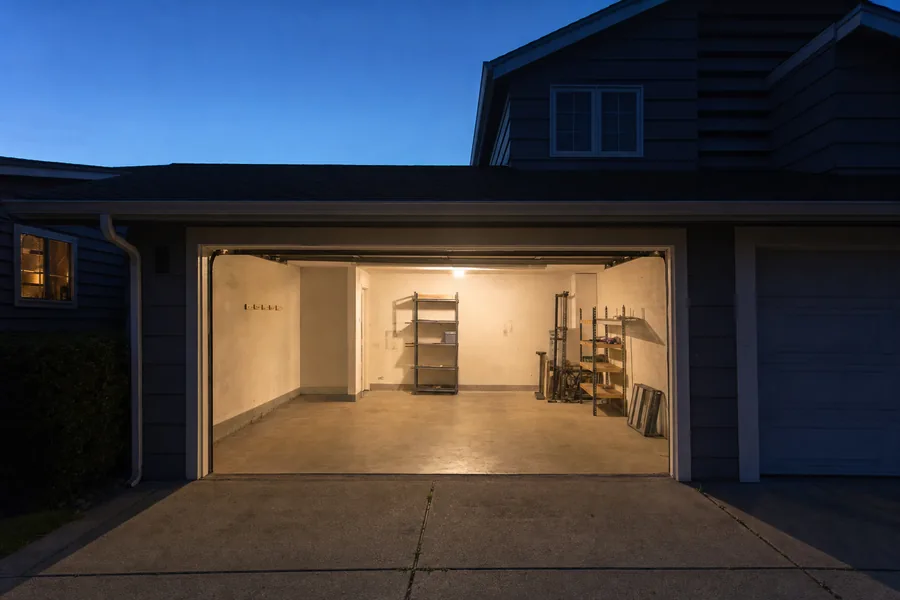 A garage door left standing open overnight in Kansas City, MO