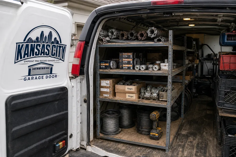 Inside the OnPoint Pro Doors Kansas City van: springs, rollers, drums and hinges stocked for Kansas City