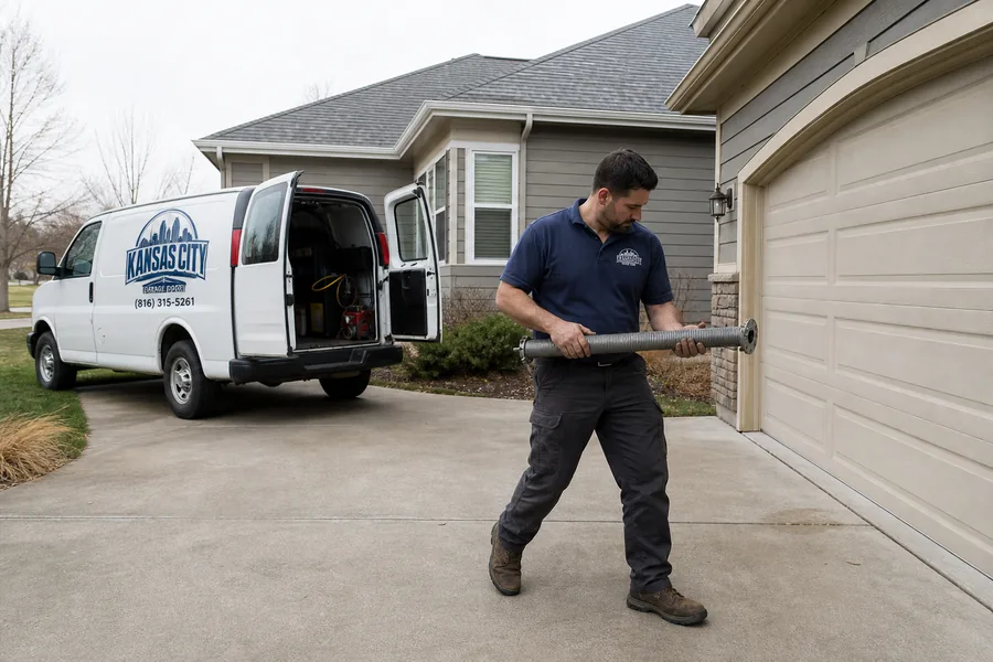 A OnPoint Pro Doors Kansas City technician bringing a torsion spring from the van in Kansas City, MO