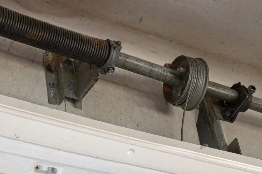 Torsion spring, shaft and cable drum above a garage door in Kansas City, MO